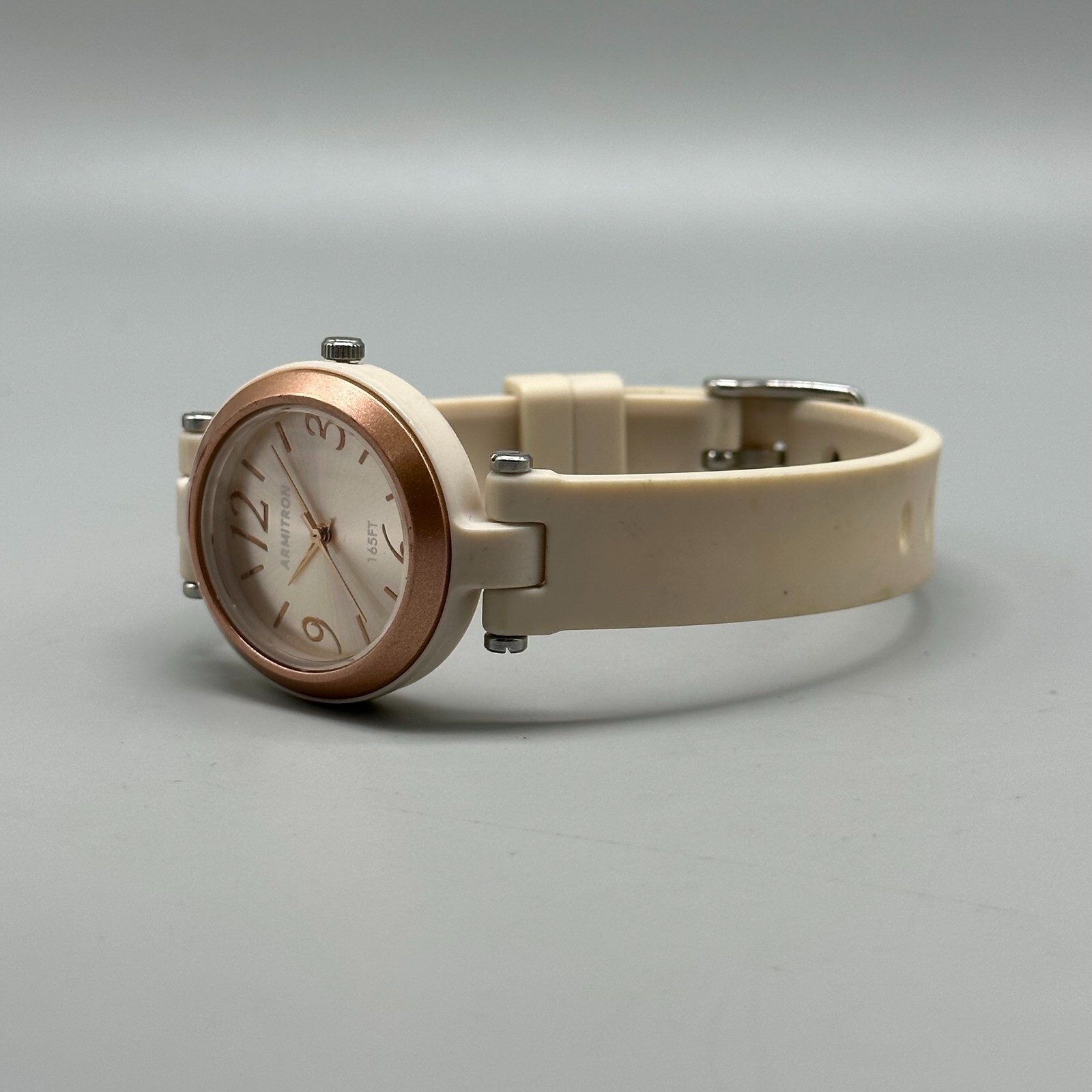 Armitron Watch Women Rose Gold Tone Cream Silicone Band New Battery 9.5 Inch
