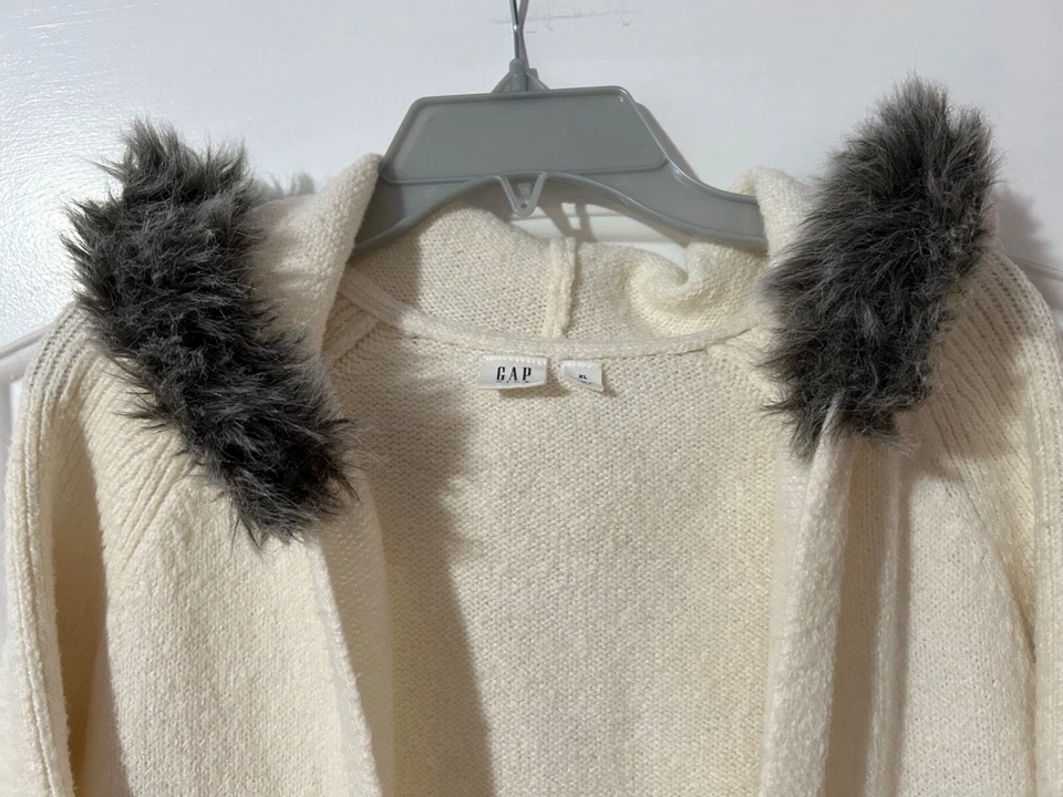 Gap Kids Girls XL Cream Ivory Faux Fur Hooded Open Front Long Sweater Cardigan - Image 2 of 4