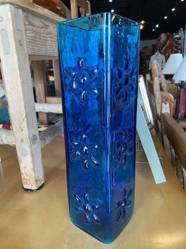 Vintage 1960s Blenko Glass Wayne Husted 6115L Blue Square Daisy Vase MCM 14.75”
