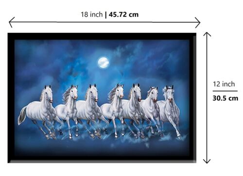 Seven Lucky Running Vastu Horses Art Framed Painting Ocean Blue 12 Inch x18 inc - Picture 2 of 6