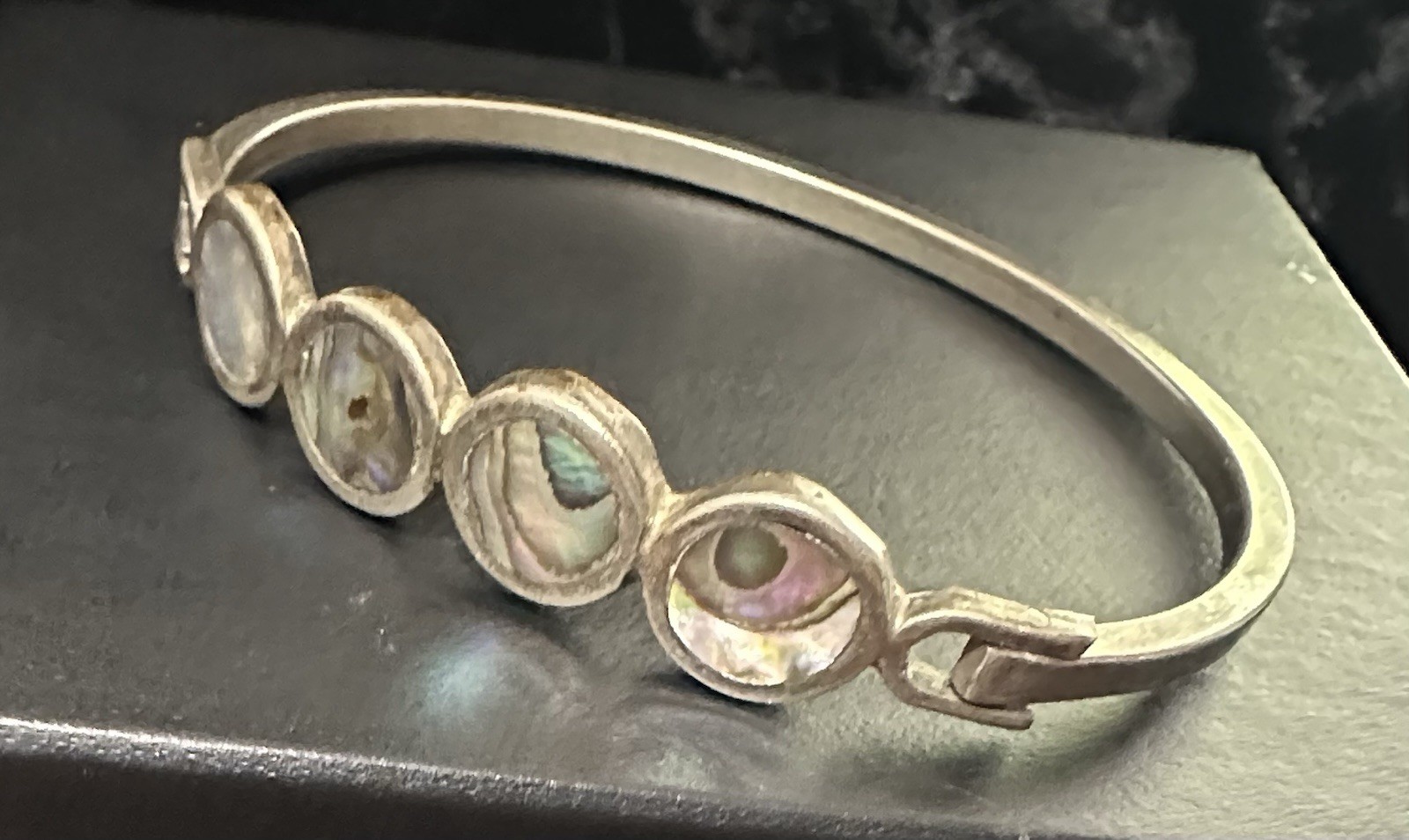Vintage Mexico Alpaca Silver Abalone Inlay Hinged Cuff Bracelet