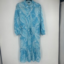 Talbots 2024 Linen Blue Brushed Paisley Long Shirt Dress Size 6 Coastal Vacation