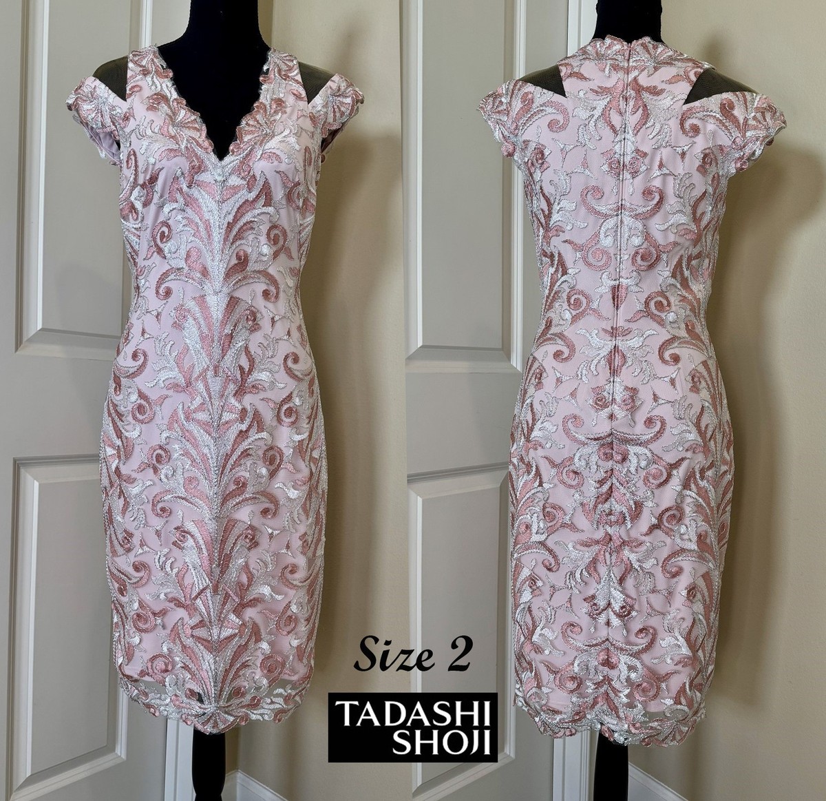 NWT Tadashi Shoji Pink Silver Embroidered Lace Sheath Dress Size 2 NWT Tadashi Shoji Pink Silver Embroidered Lace Sheath Dress Size 2