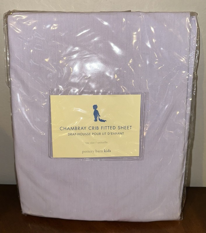 NEW POTTERY BARN KIDS Baby Crib Fitted Sheet LAVENDER 100% Cotton Chambray