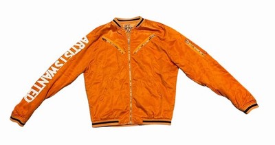 Free City Womens Satin Bomber Jacket Size M Orange Full Zip Flight Artist Wanted