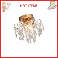 Q&S Mini Chandelier Crystal Ceiling Light,Small Flush Mount Gold Light Fixture f