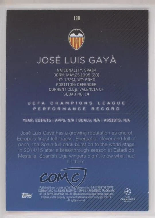 2015-16 Topps UCL Showcase Green /99 Jose Gaya Jose Luis Gaya #198 Rookie RC - Image 2 of 2