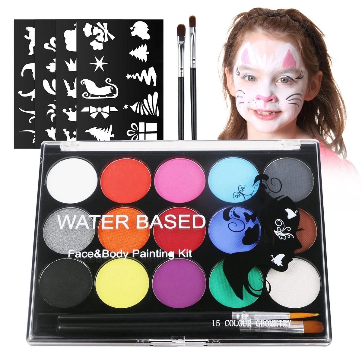 ACWOO Colori Trucco Viso, 16 Colori Body Paint Tavolozza con 2 Glitter, 3 Stencil, 3 Pennelli, 4