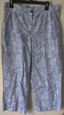 Talbots Women's Wide Leg Crop Linen/Cotton Paisley Blue/White Pants Size 14