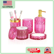 Hot-Pink Glass Bathroom Accessories Set 5 Pcs, Hot-Pink Bathroom Set, Soap Dispe