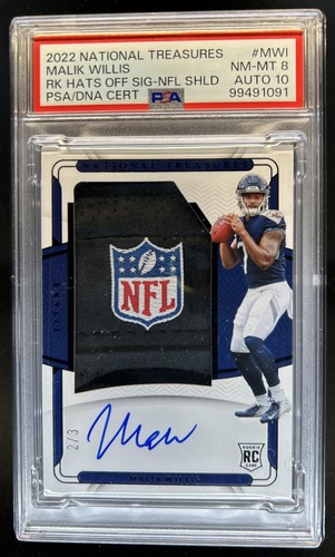 2022 National Treasures Malik Willis Rookie Hats Patch NFL Shield Auto #/3 PSA 8