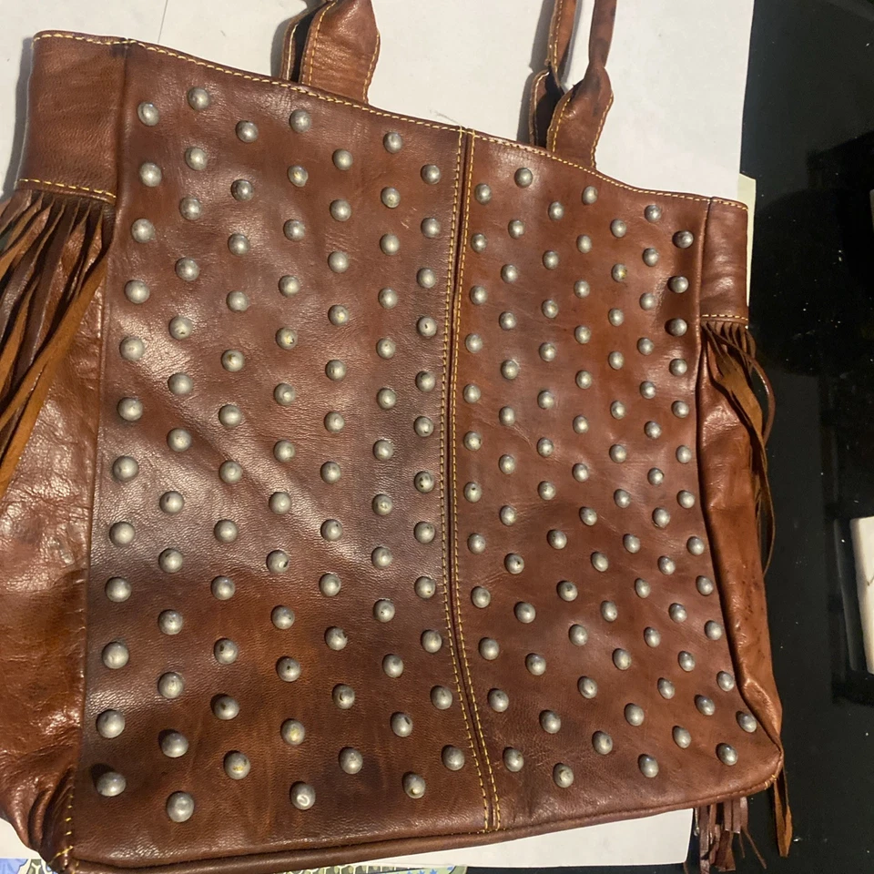 Brown Leather  Studded Tote With Fringe - Image 3 of 4