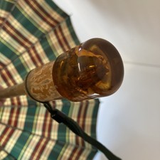 Vintage Green  Tan Plaid Umbrella With Lucite Rose Wooden Handle F4-91