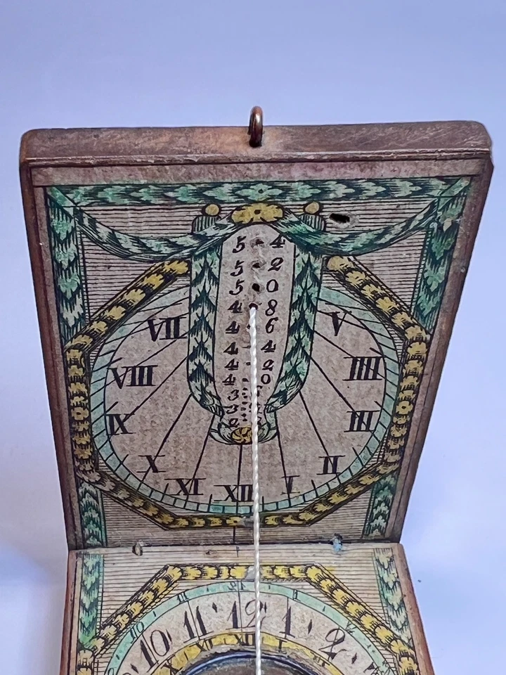 18c.Antique German Wооden Folding Dyptich Pocket Compass Sundial Painted Dail - Image 3 of 4