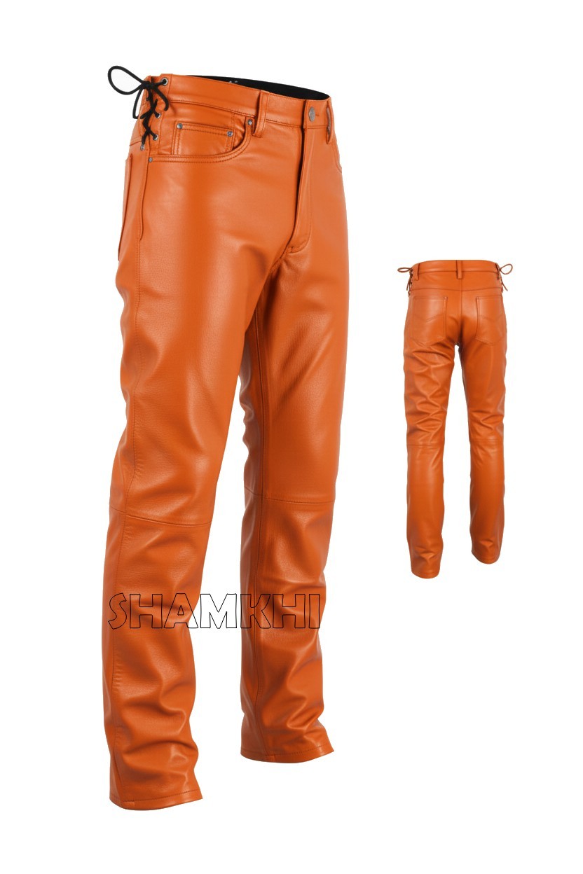 Men's Waist Laces Genuine Orange Leather Pant Adjustable Laced Waist Pants