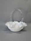Vintage Fenton Spanish Lace White Milk Glass Silver Crest Basket Ruffled Edge 8"