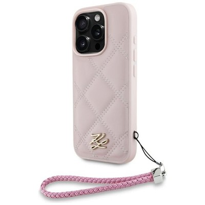 Karl Lagerfeld Quilted Initial Logo Hülle für iPhone 16 Pro Pink mit Kette