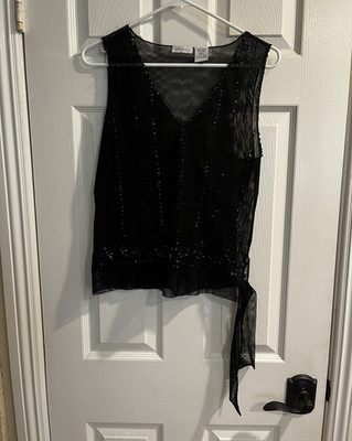 Charlotte Russe Women's Black Mesh Beaded V-Neck Sleeveless Tie Blouse L