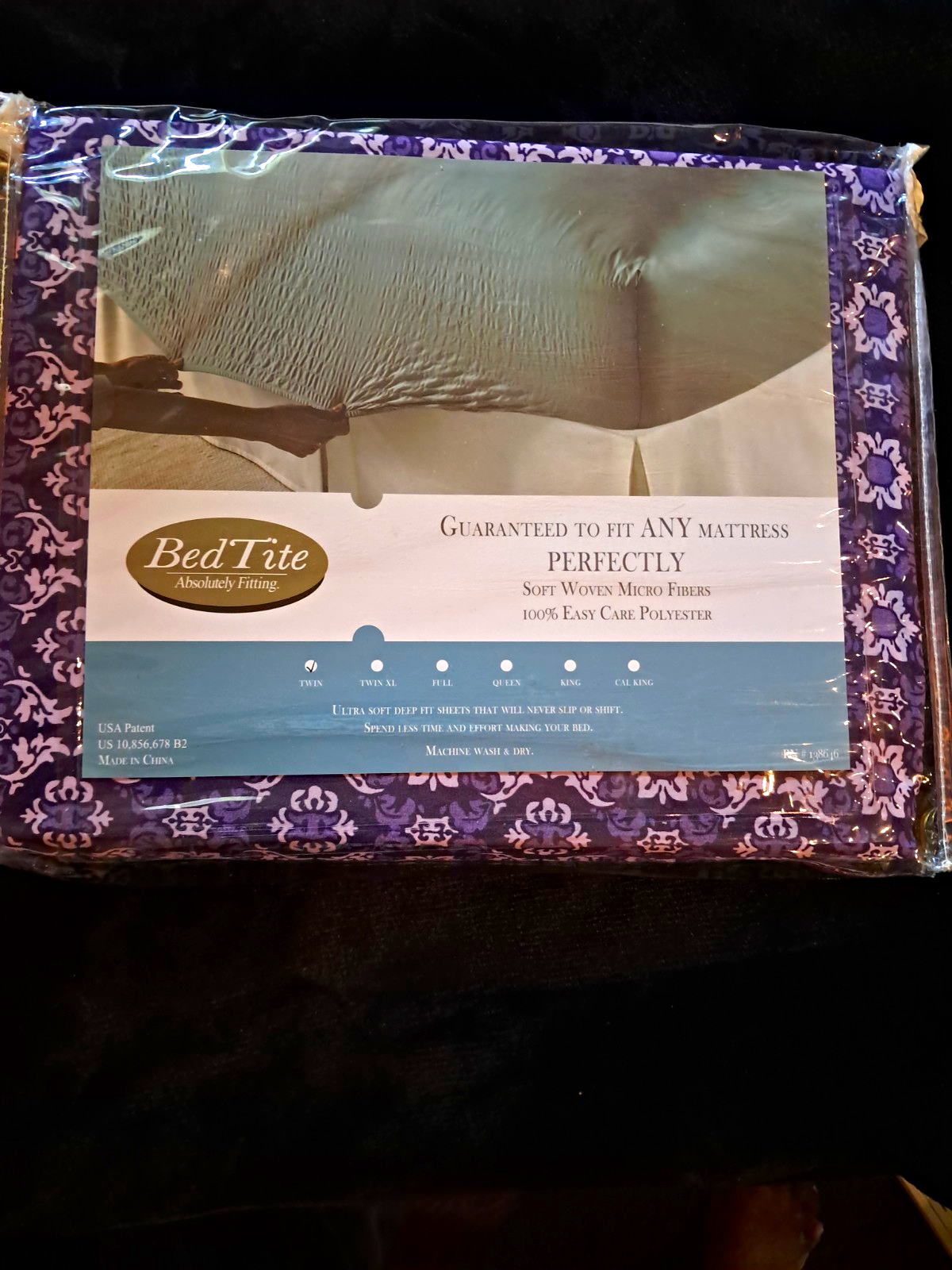 BedTite Twin Fitted Sheet Polyester Damask Pattern Purple/White