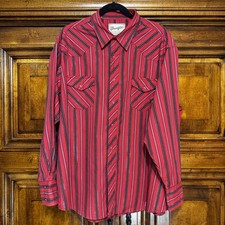 VTG Wrangler Shirt Mens Big 2XL Red Western Pearl Snap Metallic Striped Rodeo