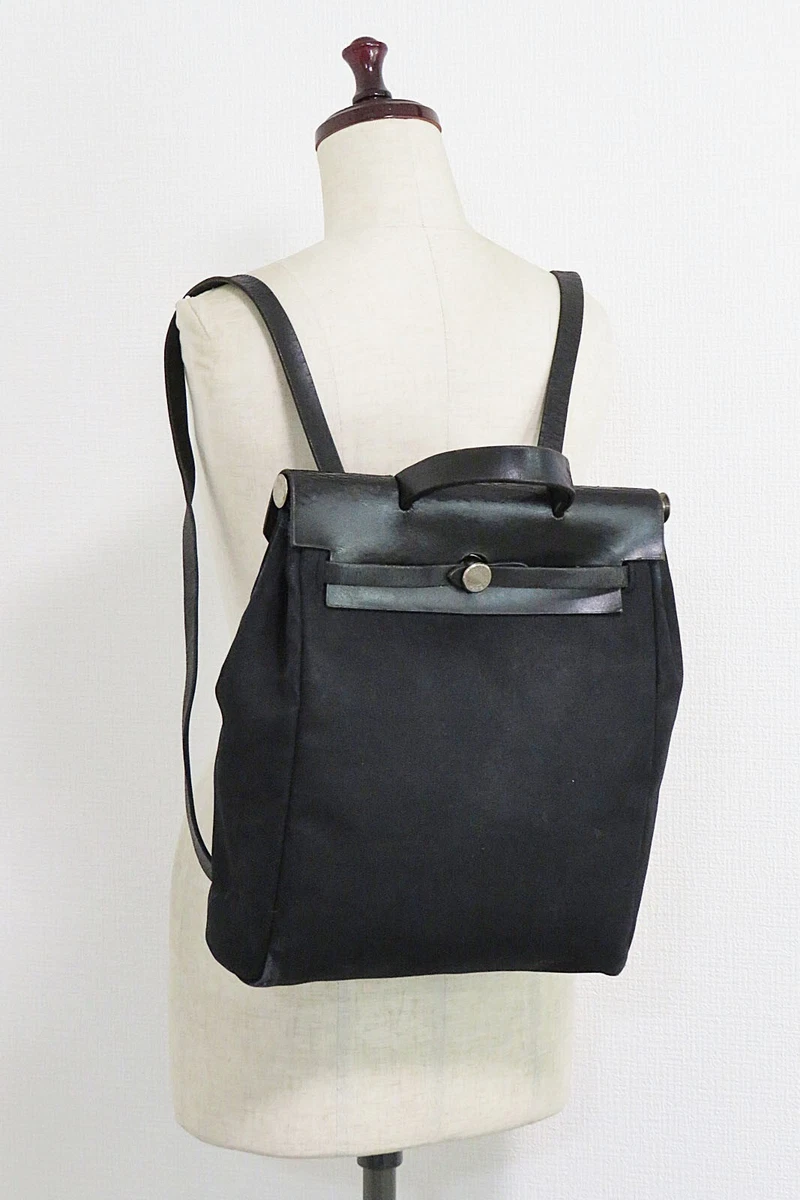 HERMES Her Bag Black Canvas Leather 2Way Backpack Hand Bag Used