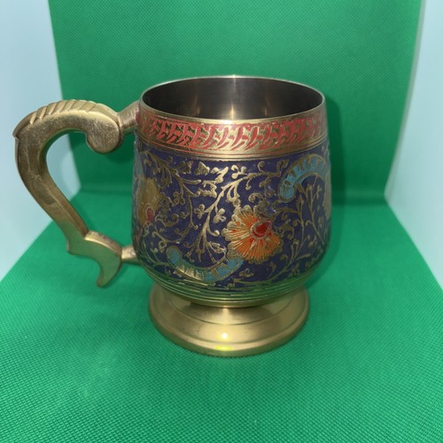 Coffee Mug Tea Mug Hand Painted Heavy Brass 11cm Vintage Rare - Picture 3 of 7