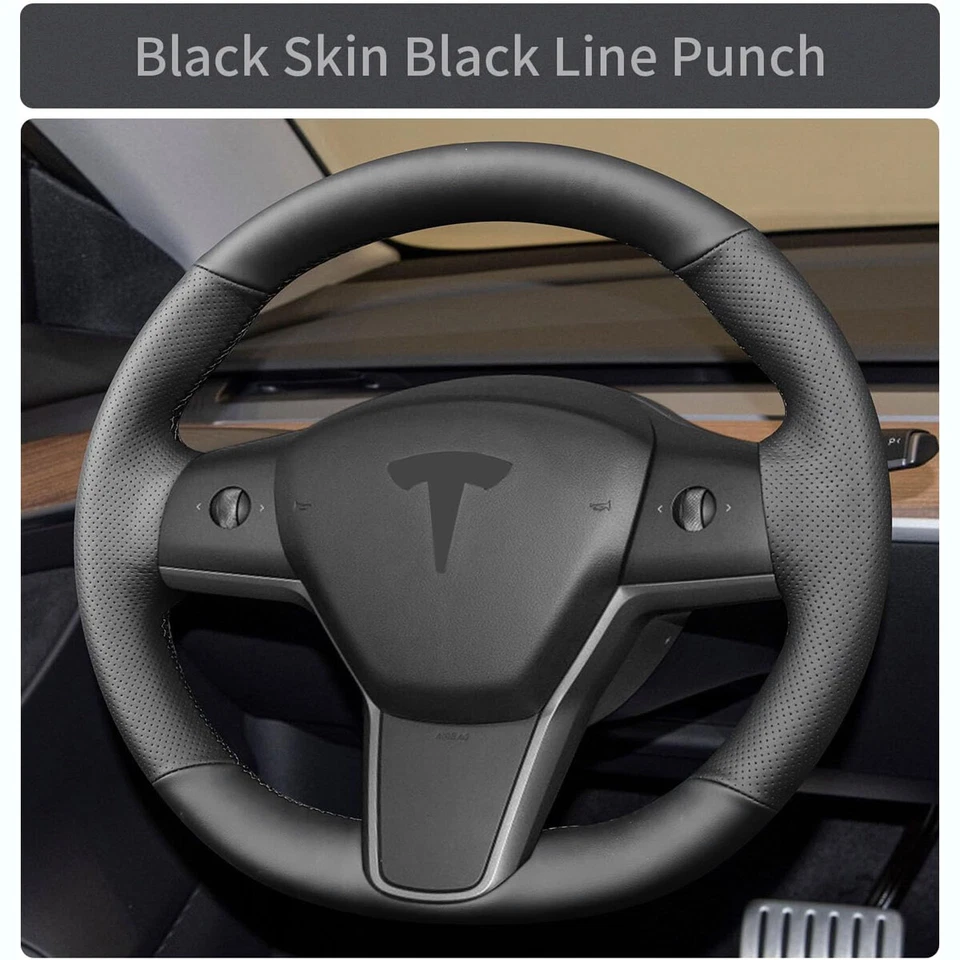 For Tesla Model 3 17-23 Y 20-23 Steering Wheel Cover Hand-Stitching Leather Wrap - Image 2 of 4