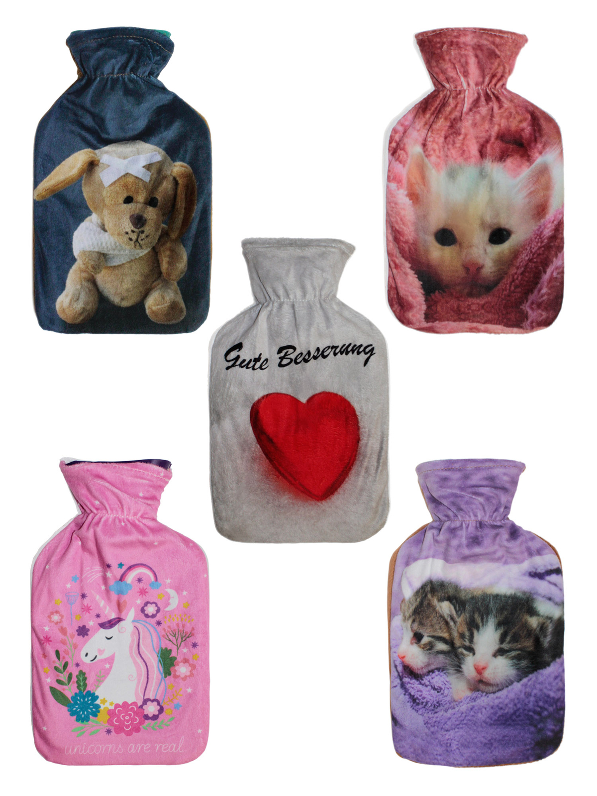 Wärmflasche mit Bezug flauschig weich Fleece Kurzplüsch 1 Liter süße Motive