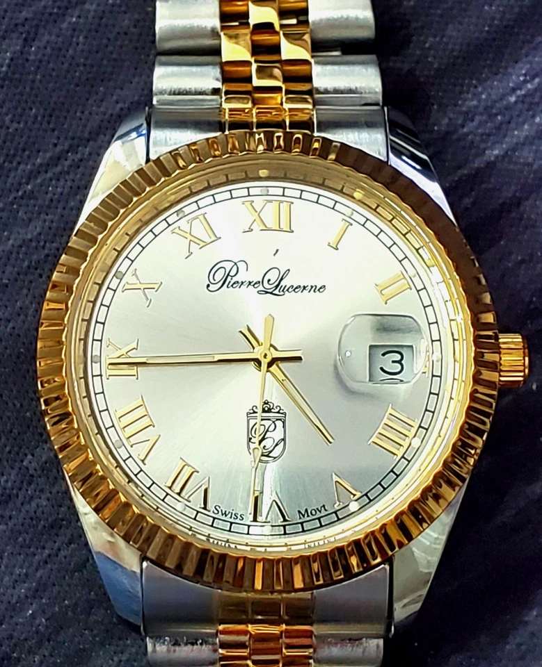 Auténtico reloj Pierre Lucerna suizo estriado Jubileo Presidente fecha solo para hombre nuevo en caja Foto 3 de 4