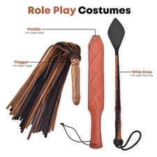 Genuine Leather Flogger, Leather Paddle ,Leather Crop Bdsm Role Play Costume Set