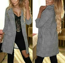 Women's Check Dogtooth Long Blazer Suit Work Formal Jacket Coat Plus Size
