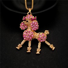 Fashion Women Cute Pink Crystal Bowknot Poodle Dog Pendant Chain Lady Necklace