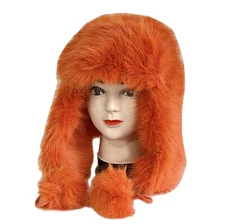 Women Winter Fluffy Pom Faux Fur Hat Earflap Russian Furry Trapper Hat- Orange