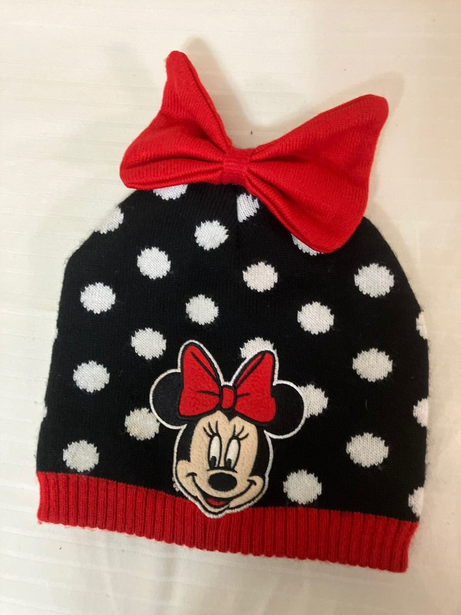 Disney Minnie Mouse Winter Hat Beanie Black Red Girls 2T-5T With