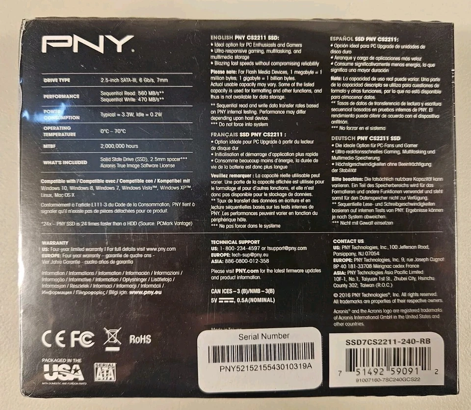 PNY CS2211 SSD 240GB SATA III 2.5" SSD Drive NOS New Sealed Gaming - Image 2 of 2