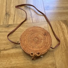 Round Woven Tan Crossbody Bag Drawstring Closure Brown Strap Blue Lined