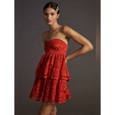 Anthropologie Maeve Red Strapless Lace Mini Dress Womens Size Medium