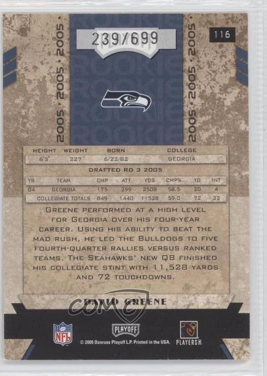 2005 Playoff Honors Rookie /699 David Greene #116 Rookie RC - Image 2 of 2
