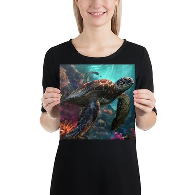 Hawaiian Sea Turtle Digital Oil Painting | Honu Ocean Art | Hawaii Reef Wall