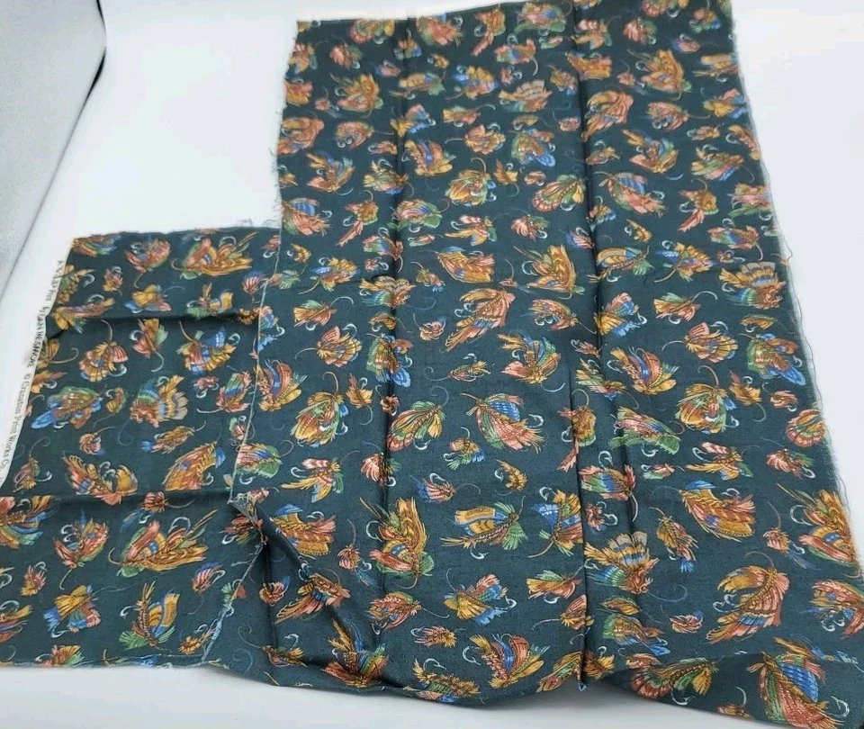 cotton fabric remnant blue brown tan green on dark green 12x44 Messmore Cranston - Image 2 of 4