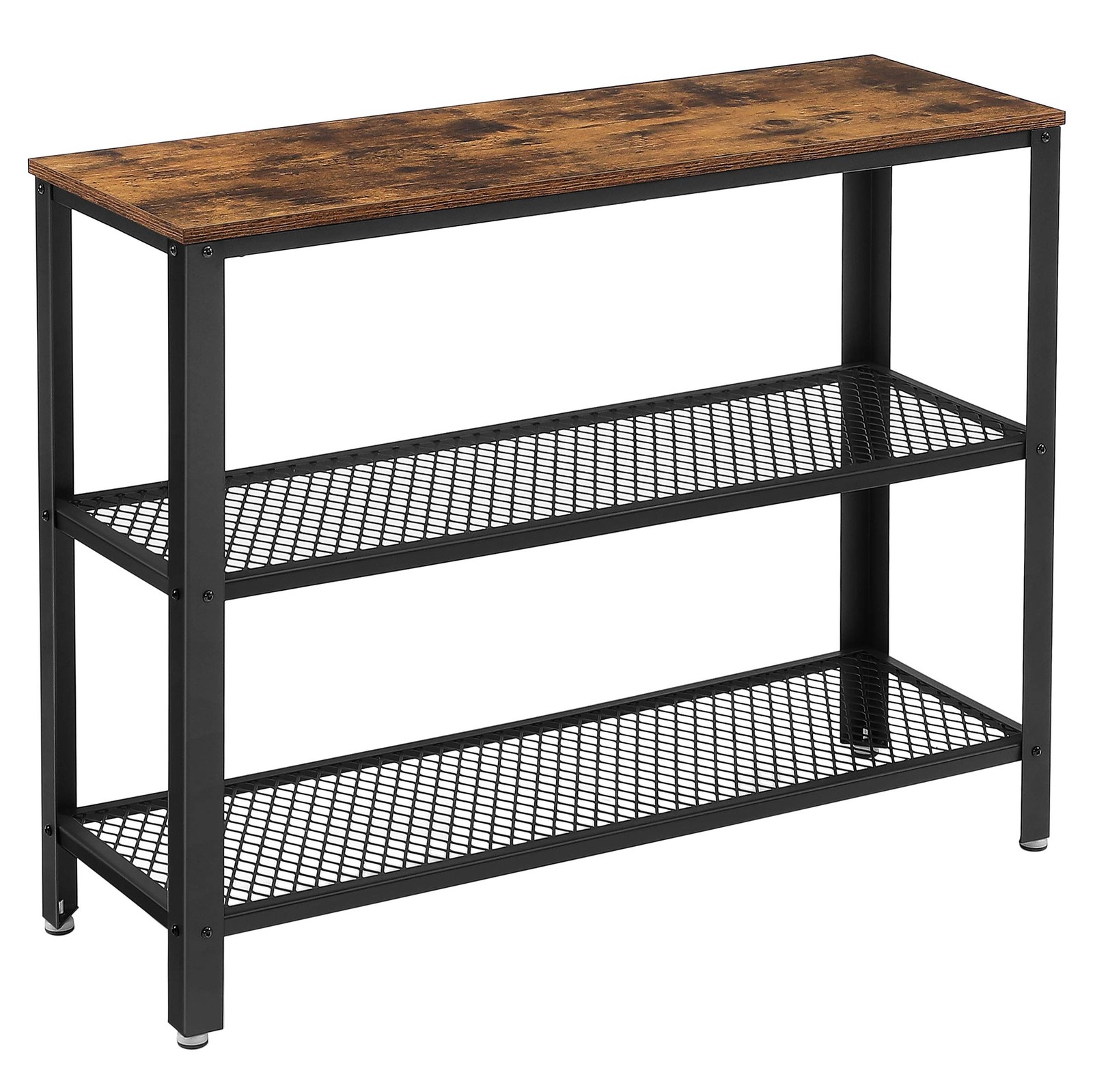 Table de console en métal noir avec 2 étagères en treillis métalliques