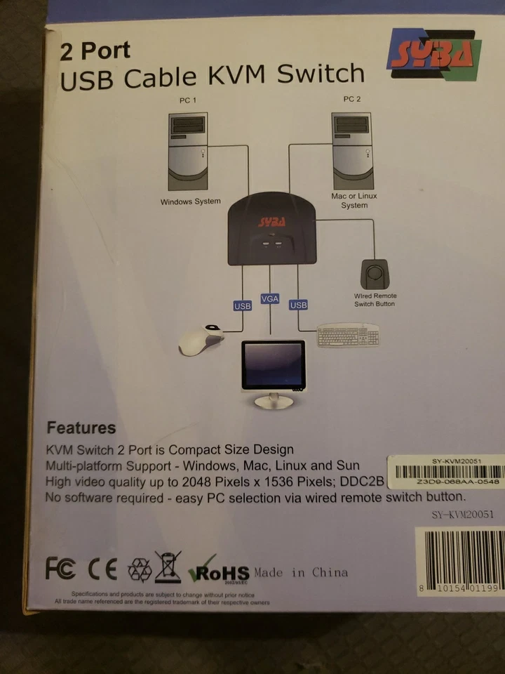 Syba SY-KVM20051 USB Interface, 2x Ports USBCable KVM Switch, w/ Remote Button - Image 2 of 4