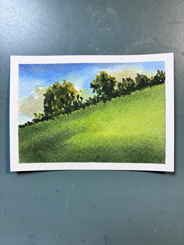 Sunny Green Hillside ACEO Original Watercolor Summer Landscape