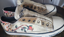 Women Ed Hardy Gold Y2K style Skull Rose Laceless SlipOn Low Sneakers Size 10