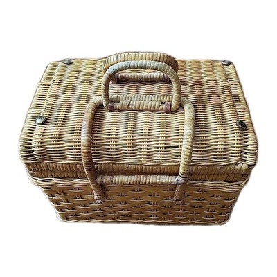 Vintage Picnic Time Basket Woven Rattan Hamper with Double Handles and Lid USA