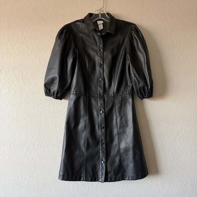 H&M, Women Black Faux Leather Puff Sleeved Button Down Dress Size 2 | eBay