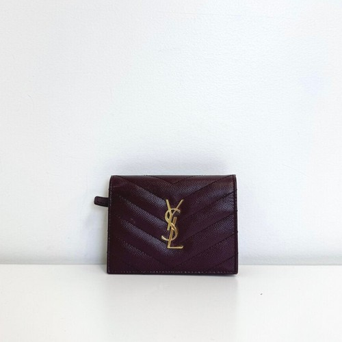 SAINT LAURENT Burgundy Grain de Poudre Cassandre Compact Wallet Gold YSL Logo