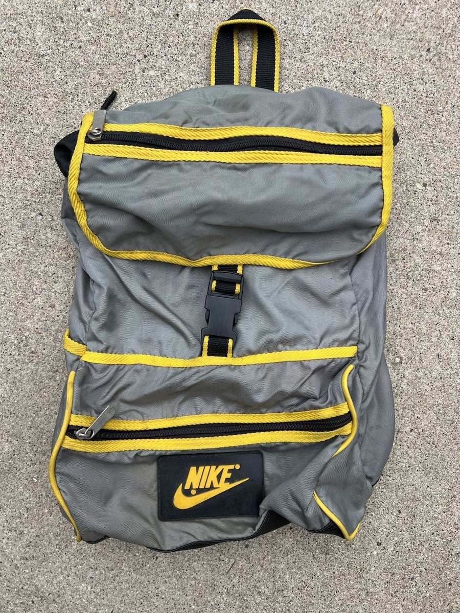 Nike Backpack Vintage 90s Y2K Bag Yellow Gray Logo Zippers Medium