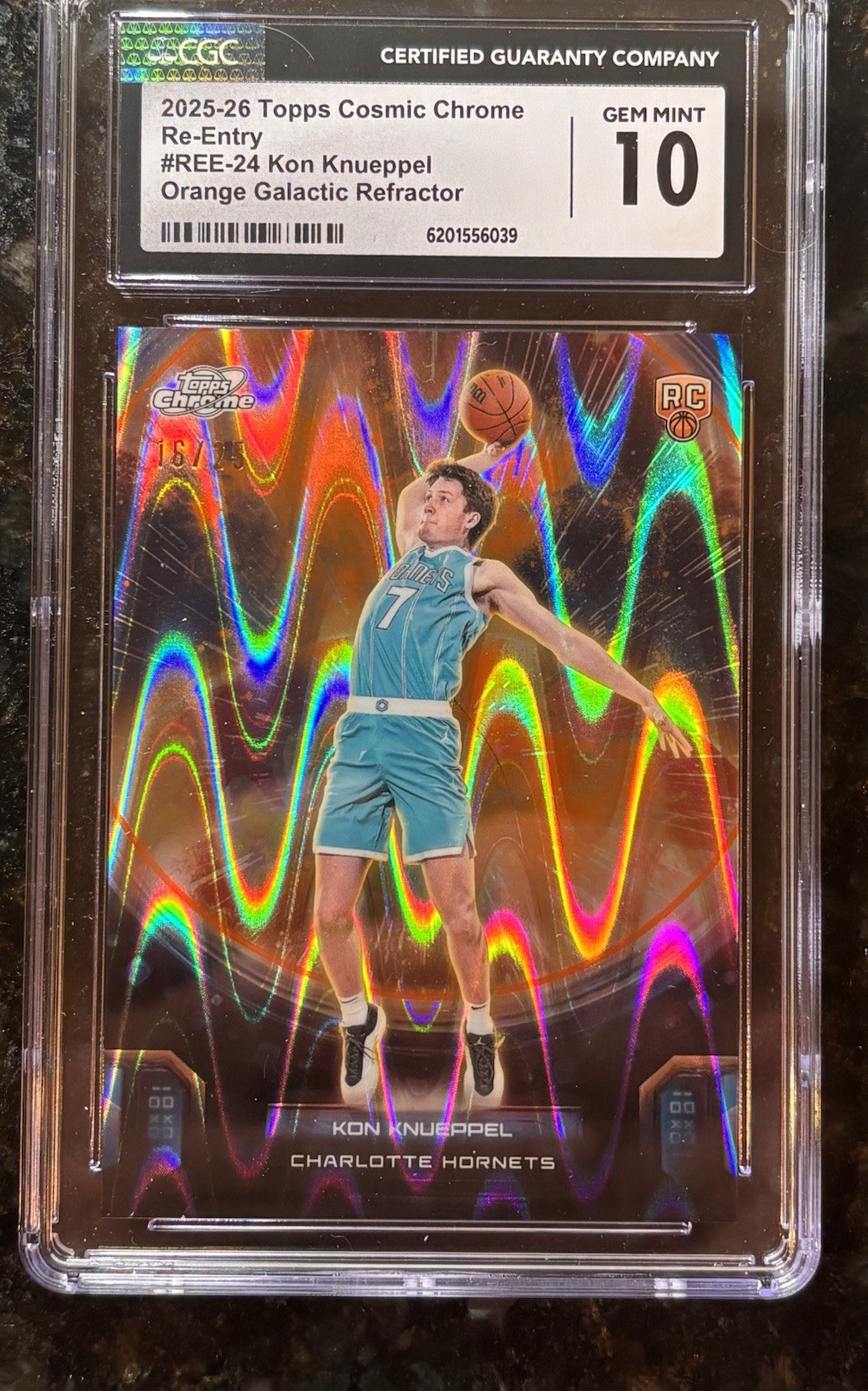 Topps 2025-26 Cosmic Chrome Kon Knueppel Orange Galactic RC REE-24 16/25 CGC 10