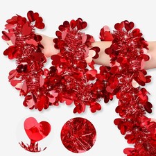 Valentines Day Garland Decor 50FT Red Heart Tinsel Garland Metallic Hanging Garl